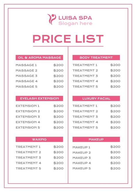 Spa Price List Facial and body treatments 